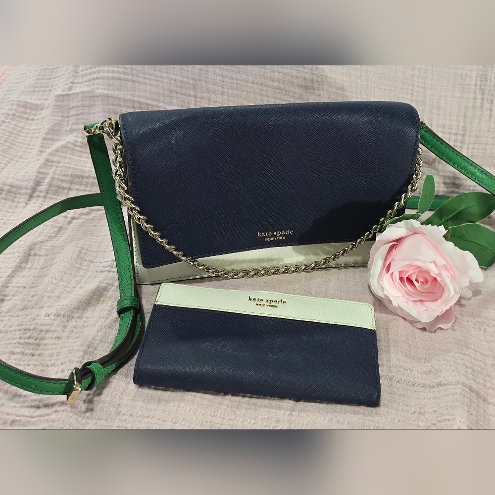 Kate Spade Cameron Convertible Crossbody Navy Green And White Women's Bag Set
